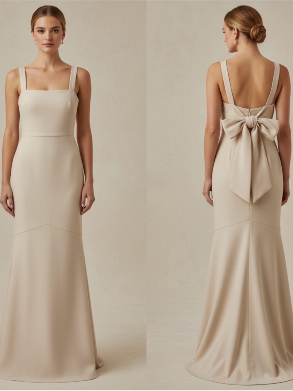 Monique Lhuillier Elegant Champagne Square-Neck Evening Gown with Bow Back Sz 8